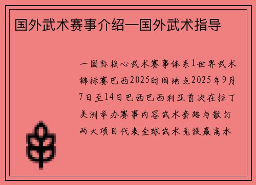 国外武术赛事介绍—国外武术指导